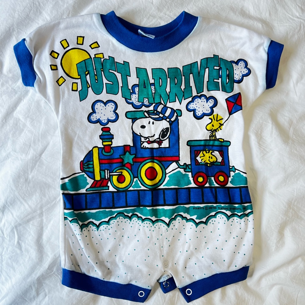 VTG Babyfair Peanuts Snoopy Train Romper Size 3-6 Months